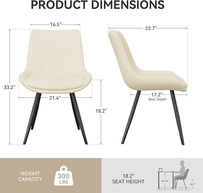 Upholstered Dining Chairs Set of 6, Modern Faux Leather Dining Room Chairs with Thick Cushion and Metal Legs, Kitchen Chairs with Back for Dining Room, Cream