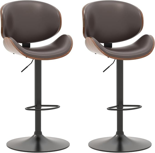 KCC Bar Stools Set of 2, Swivel Adjustable Height Barstools, PU Leather Upholstered Bar Chairs with Footrest, Bentwood Bar Stool for Kitchen, Bar, Dining Room(Brown PU)