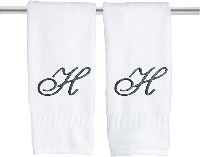 White Monogrammed Hand Towels for Bathroom - Luxury Hotel Quality Personalized Initial Embroidered Towel for Powder Room, Spa - GOTS Organic Certified - Set of 2 Dark Gray Letter H
