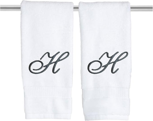 White Monogrammed Hand Towels for Bathroom - Luxury Hotel Quality Personalized Initial Embroidered Towel for Powder Room, Spa - GOTS Organic Certified - Set of 2 Dark Gray Letter H