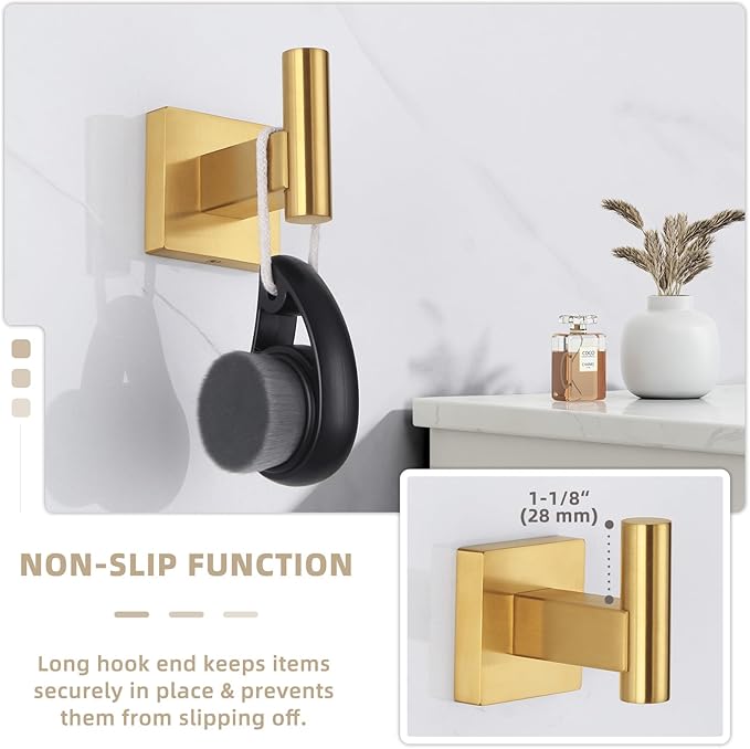 Suyar Brushed Gold Towel Hook, SUS 304 Stainless Steel Coat Robe Hook, Bathroom Towel Holder for Wall