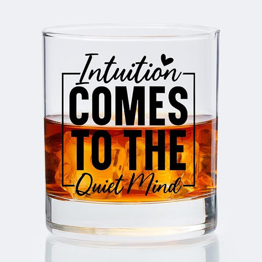 Inspirational Mindfulness Gifts Old Fashioned Whiskey Glasses, Meditation Yoga Lovers Gifts, Intuition Leads to the Quiet Mind 10 oz Rocks Barware Cup for Cocktail Drinks Scotch Bourbon Liquor