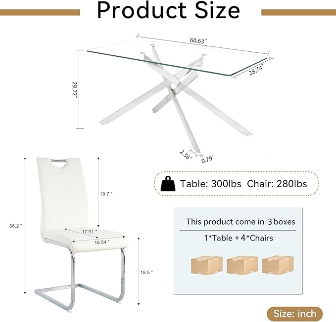 Modern Glass Dining Table Set for 4, Silver Glass Kitchen Table and Chairs Set of 4, 5 Piece Dining Room Table Set with 61" Rectangular Metal Glass Dinner Table and 4 White Leather Dining Chairs