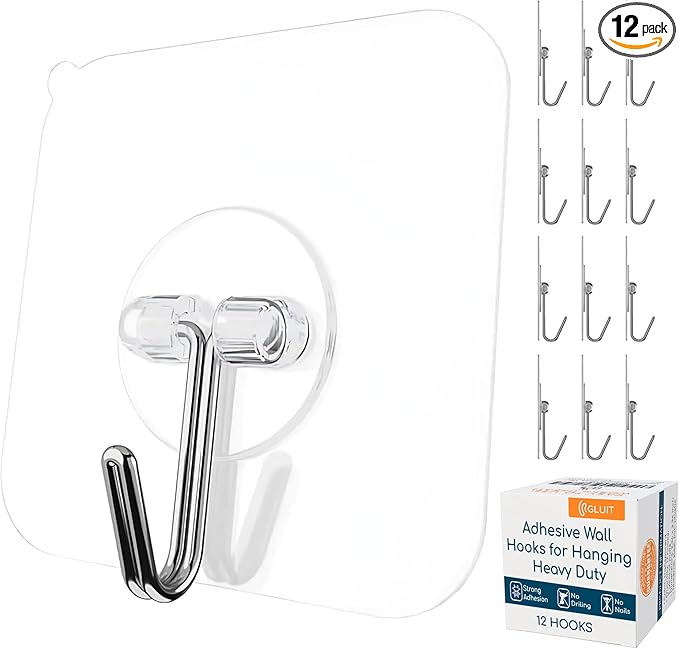 GLUIT Adhesive Wall Hooks for Hanging Heavy Duty 22 lbs Hooks for Walls No Damage, Towel Sticky Clear Hook, Waterproof, Home, Bathroom, Kitchen, Office, and Outdoor 12 Pack