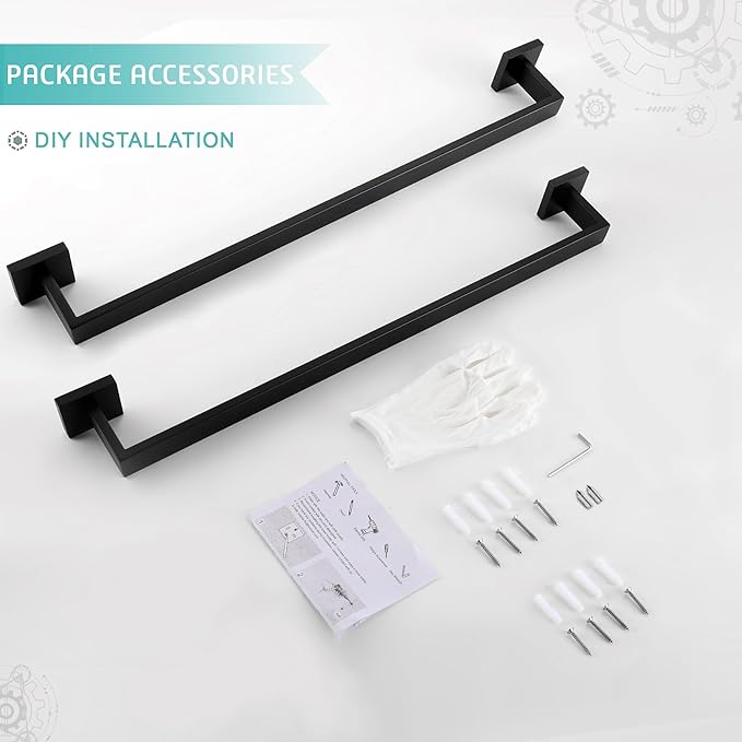 LANC 2 Pack Bath Towel Bars Matte Black 24-Inch Bathroom Towel Rail Square Towel Racks Kitchen Towel Holders Stainless Steel Wall Mount Towel Hanger Towel Rods,A8804-6MB