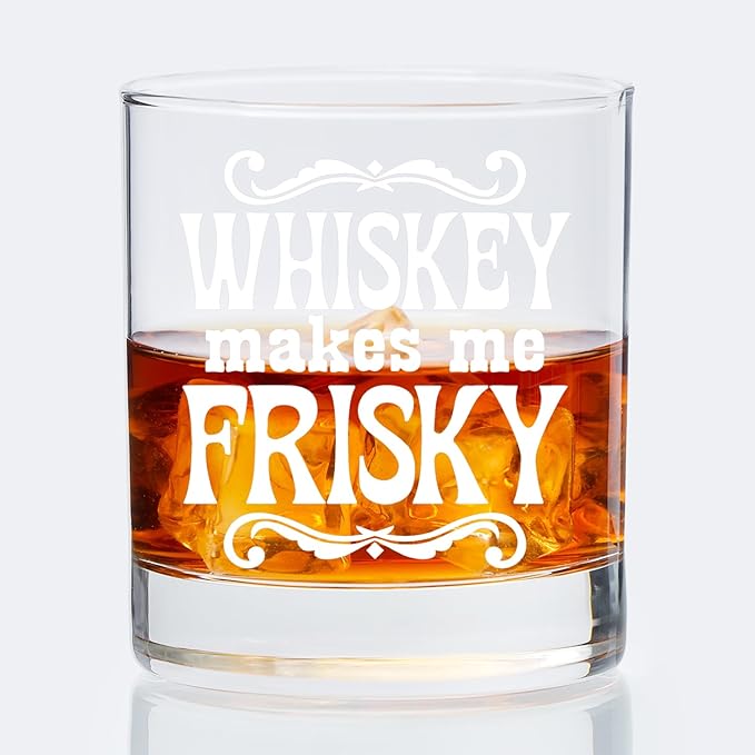 Whisky Lovers Gifts Old Fashioned Whiskey Glasses, Whisky Gifts for Women Men, Whiskey Makes Me Frisky 10 oz Rocks Barware Cup for Cocktail Drinks Scotch Bourbon Liquor