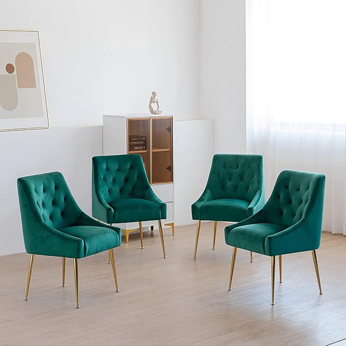 Modern Dining Chairs Set of 4, Mid Century With 5.12" Cushions and Golden Legs, Velvet Upholstered With Back Pull Rod, for Kitchen, Living Room (Green)