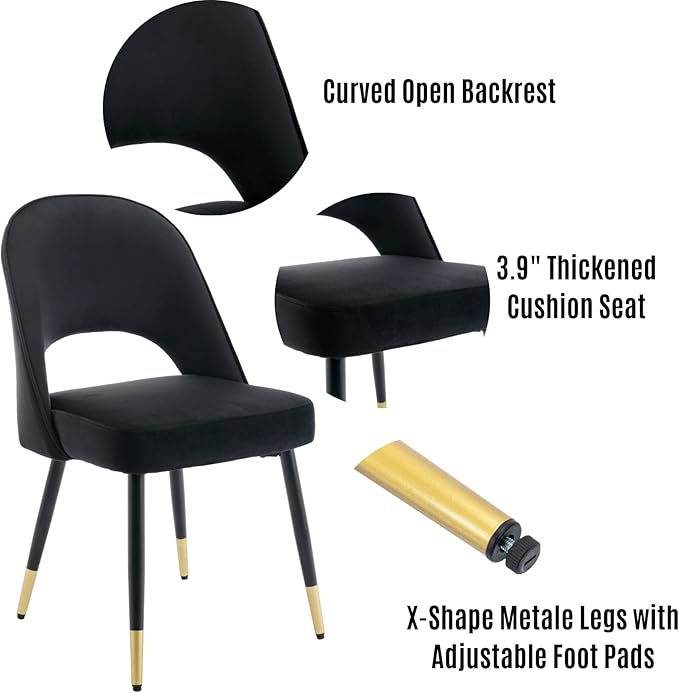 LukeAlon Classic Velvet Dining Chairs Set of 4, Upholstered Open Back Kitchen Chairs with Metal Legs Armless Side Chairs Mid Century Dining Chair for Dining Room, Luxurious Black