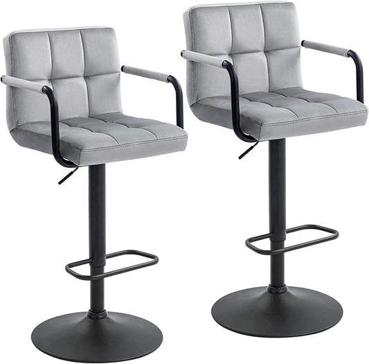 Furnimart Adjustable Bar Stool Swivel Barstools Set of 2 Counter Stools with Armrest and Footrest Upholstered Bar Chairs for Kitchen and Dining Room (Velvet-Grey)