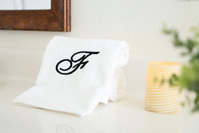 White Monogrammed Hand Towels for Bathroom - Luxury Hotel Quality Personalized Initial Embroidered Towel for Powder Room, Spa - GOTS Organic Certified - Set of 2 Black Letter F