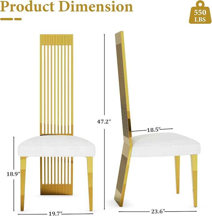 White and Gold Dining Chairs Set of 10, Upholstered Dining Room Chairs, Modern Luxury Chairs with High Back and Polished Gold Metal Legs for Kitchen/Living Room/Restaurant