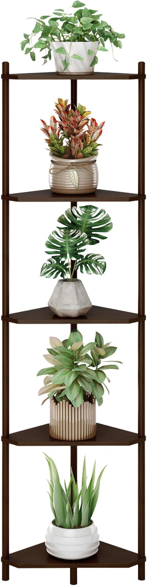 Wisuce Corner Shelf Stand - 5 Tier Walnut Bamboo Small Corner Bookshelf for Office Kitchen Bedroom Plant Stand Living Room Decor Small Space