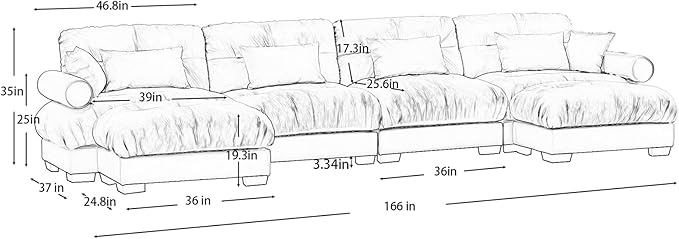 166" Grey Modular Sectional Sofa, 4 Seater Large Sectional Couches for Living Room, Velvet Fabric Oversized Fluffy Cloud Couch with Ottoman, Deep Seat Home Sofas Set, Sofá Moderno, U Shaped