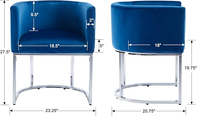 Velvet Dining Chairs Set of 6 Modern Barrel Arm Chairs with Chrome Metal Frame, Upholstered Kitchen Chairs 18.5" Wide Accent Chairs for Living Room Dining Room Restaurant, Blue