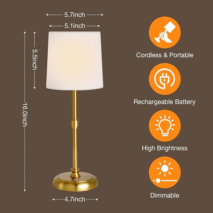 Cordless Gold LED Table lamp, 5200-mAh Rechargeable Battery, 3-Level Brightness, Build-in Integrated LED 320 Lm Max, Night Lamp Ambient Light, for Bedside Restaurant Dining Table