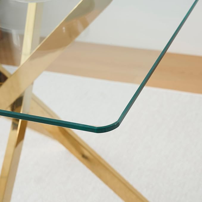 36" Square Glass Dining Room Table for 4 with Tempered Glass Top and Gold Chrome Metal Legs, Modern Clear Kitchen and Dinner Table for Home Office Dining Room