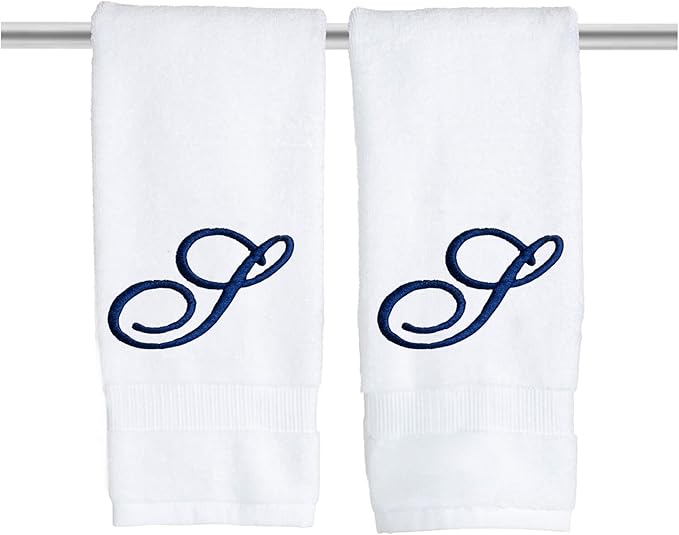 White Monogrammed Hand Towels for Bathroom - Luxury Hotel Quality Personalized Initial Embroidered Towel for Powder Room, Spa - GOTS Organic Certified - Set of 2 Navy Letter S