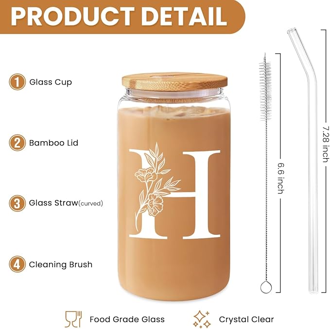 SANDJEST Monogrammed Gifts for Women - Monogram H Initial Glass Cup 16 Oz Can Coffee Cups with Lid and Straw - Monogram Initials Gifts for Womens on Birthday