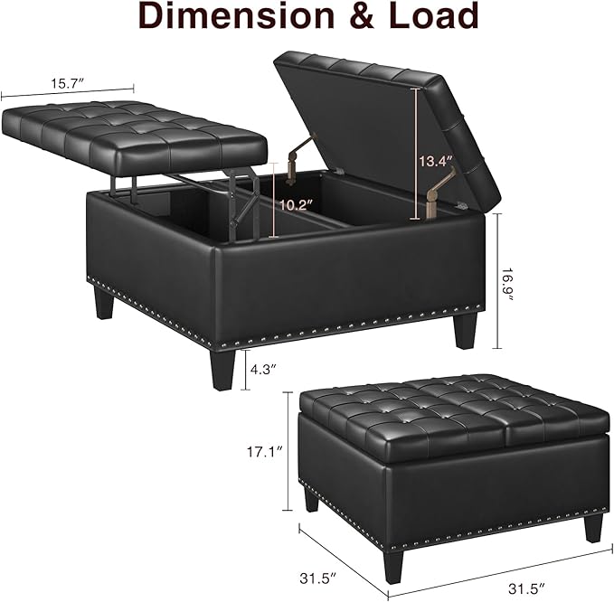 Square Leather Ottoman with Storage, Faux Leather Coffee Table with Lift Top,Large Upholstered Footrest Stool Toy Box Storage Bench for Bedroom Living Room, Black