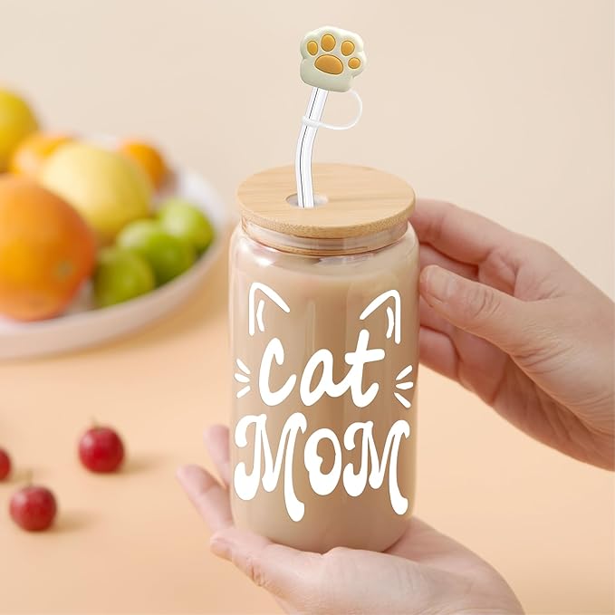 Cat Mom Gifts for Women Mothers Day Crazy Cat Lady Coffee Glass Cup with Lid Straw, Fur Lovers Owners Christmas Gifts for Daughter, Sister, Aunt, Best Friends, BFF - Including Straw Cap, Cozy Socks