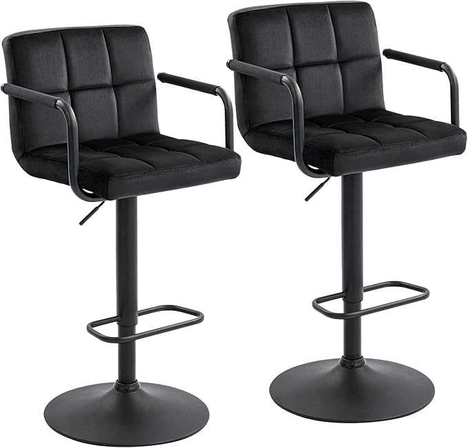Furnimart Adjustable Bar Stool Swivel Barstools Set of 2 Counter Stools with Armrest and Footrest Upholstered Bar Chairs for Kitchen and Dining Room (Velvet-Black)