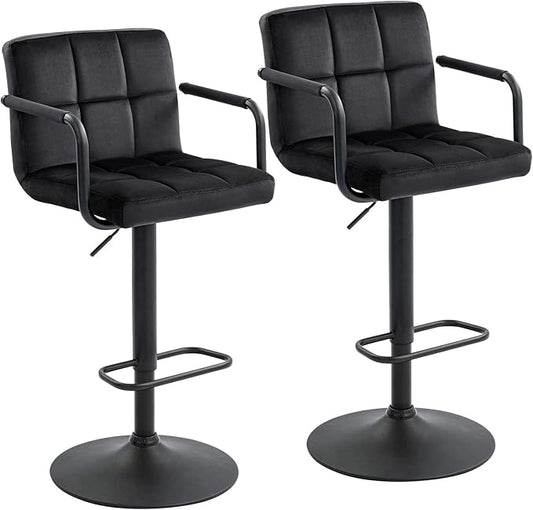 Furnimart Adjustable Bar Stool Swivel Barstools Set of 2 Counter Stools with Armrest and Footrest Upholstered Bar Chairs for Kitchen and Dining Room (Velvet-Black)