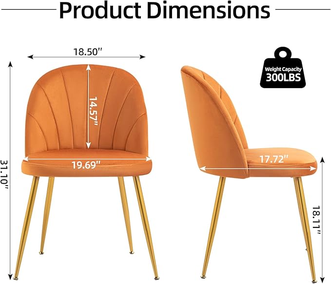 Velvet Dining Chairs Set of 6, Upholstered Mid Century Modern Dining Chairs, Armless Accent Chair with Metal Gold Legs for Living Room, Kitchen, Dining Room, Orange
