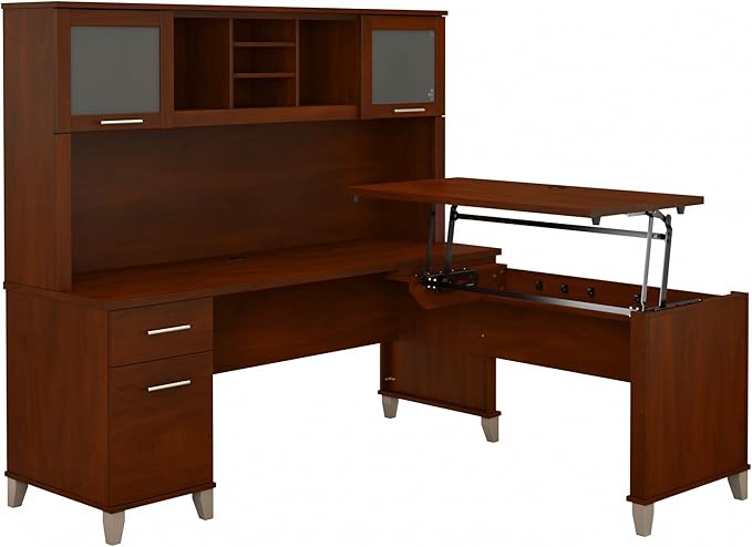 Bush Furniture Somerset 72W 3 Position Sit to Stand L Shaped Desk with Hutch in Hansen Cherry | Adjustable Height Table for Home Office