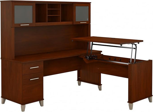 Bush Furniture Somerset 72W 3 Position Sit to Stand L Shaped Desk with Hutch in Hansen Cherry | Adjustable Height Table for Home Office