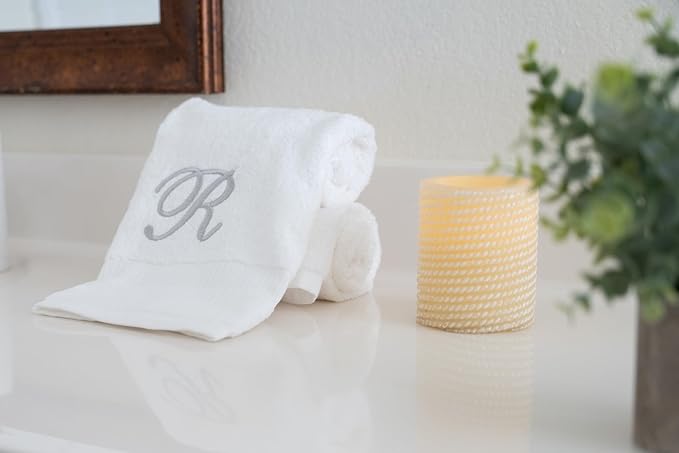 White Monogrammed Hand Towels for Bathroom - Luxury Hotel Quality Personalized Initial Embroidered Towel for Powder Room, Spa - GOTS Organic Certified - Set of 2 Silver Letter R