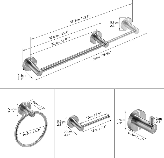 BESy 4 Piece Bathroom Accessories Set (Adjustable 16 to 26 Inch Towel Bar, Towel Ring, Toilet Paper Holder,Towel Hook), Wall Mounted Bath Hardware Accessory Fixtures Set,Stainless Steel/Brushed Nickel