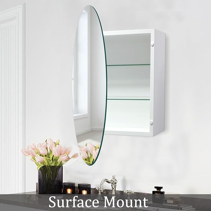 Round Bathroom Medicine Cabinet, 30 Inches Frameless Circle Mirror Cabinet Wall Mounted Cabinet with Surface Mount Installation
