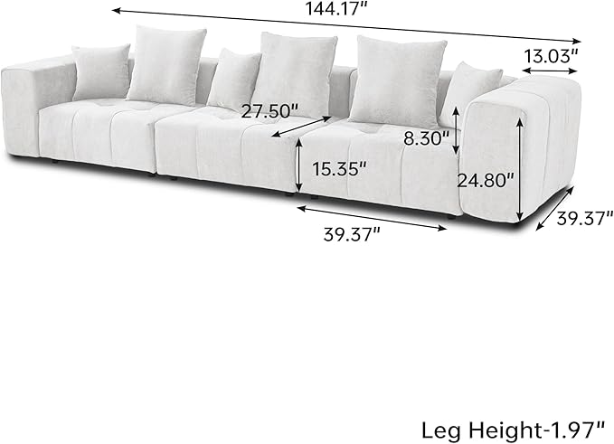 JACH 144 Inch Modular Sofa, Mid Century Modern Extra Deep Corner Seat Couch, 3-Seater Sofas for Living Room, Sectional Couches, Cozy Sofa for Apartment, Living Room (Linen Fabric, White)
