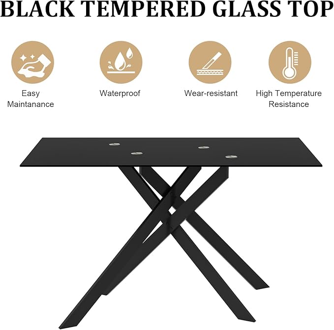 51.2" Black Glass Dining Table, Modern Kitchen Table for 4-6 People, Contemporary Rectangular Dining Room Dinner Tables with Black Glass Top & Black Metal X Legs for Kitchen Apartment