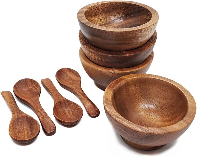 Set of 4 Small Round Acacia Wooden Bowls 2⅞ Inch Diameter With Spoons - Stackable Mixing Bowl for Salad Soup Snack Salsa Dip Sauce Charcuterie Wood Tableware Sets for Decor and Serving