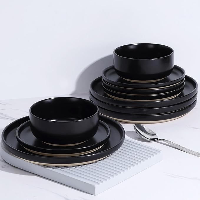 LIANYU 18PCS Dinnerware Plates and Bowls Sets, Ceramic Dishes Set for 6, Stoneware Dinner Dessert Salad Plates Cereal Bowls, Scratch Resistant Dishware, Microwavable & Dishwasher Safe, Matte Black