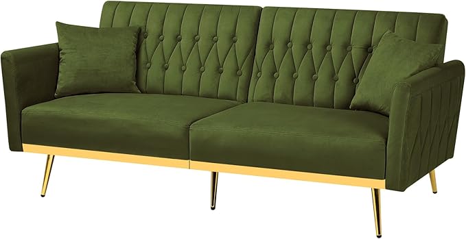 70” Velvet Futon Sofa Bed w/Adjustable Armrests & 2 Pillows, Convertible Futon Couch w/Adjustable Backrests, Modern Sleeper Bed for Living Room, Bedroom, Olive Green