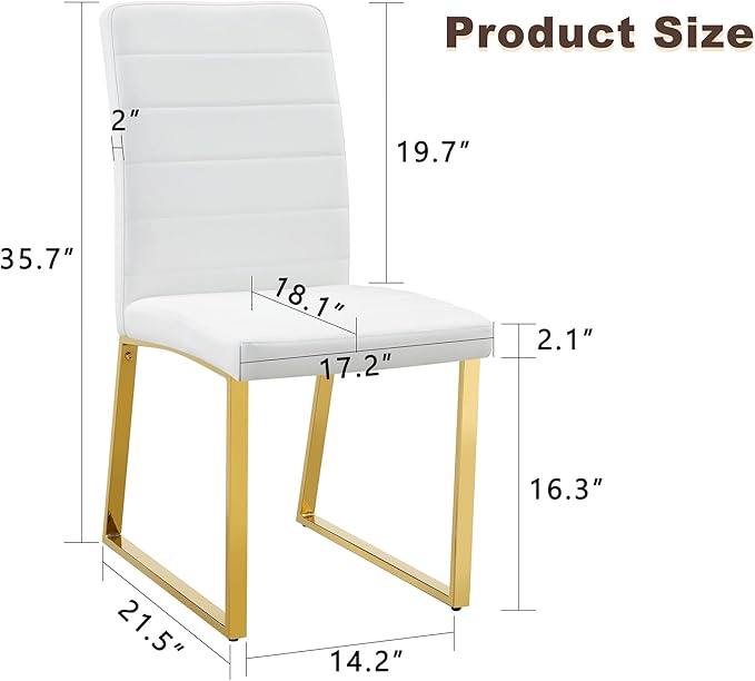 Modern Dining Chairs Set of 4, White Faux Leather Kitchen Chairs, Upholstered Armless Dining Room Chair with Gold Mental Legs Heavy Duty, Comfortable (White and Gold, Set of 4)