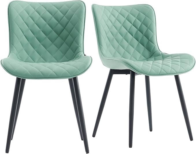 YOUTASTE Light Green Dining Chairs Set of 2 Mid Century Modern PU Leather Diamond Upholstered Accent Guest Dinner Chair with Back Metal Legs for Kitchen Living Reception Waiting Room