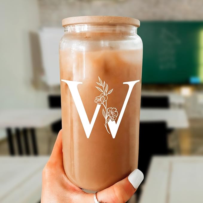 SANDJEST Monogrammed Gifts for Women - Monogram W Initial Glass Cup 16 Oz Can Coffee Cups with Lid and Straw - Monogram Initials Gifts for Womens on Birthday