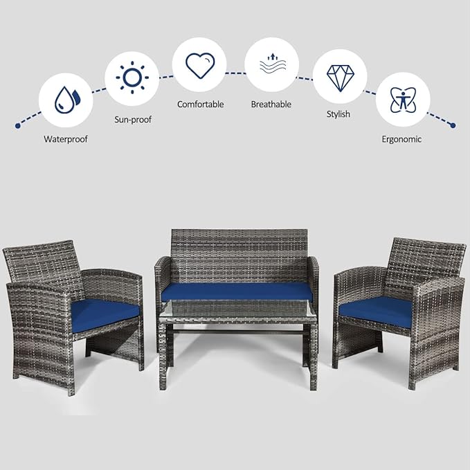 Tangkula 4 PCS Wicker Patio Conversation Set, Outdoor Rattan Sofas with Table Set, Patio Furniture Set with Soft Cushions & Tempered Glass Coffee Table for Poolside Balcony