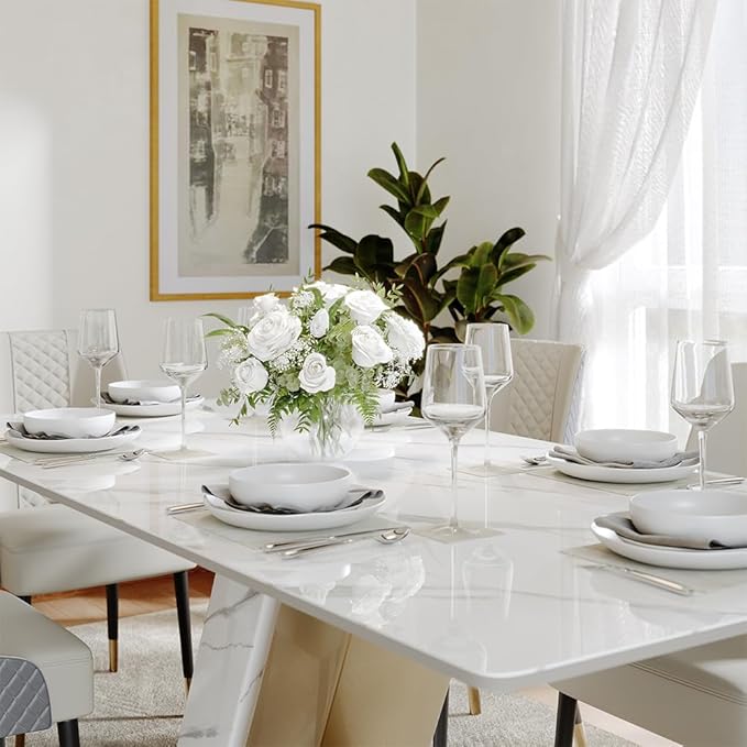 POVISON 63" Modern Dining Table for 4, Gold Dining Table Sintered Stone Dining Tabletop with Z-Shaped Stainless Steel Pedestal, Rectangle Dining Room Table (Table Only)