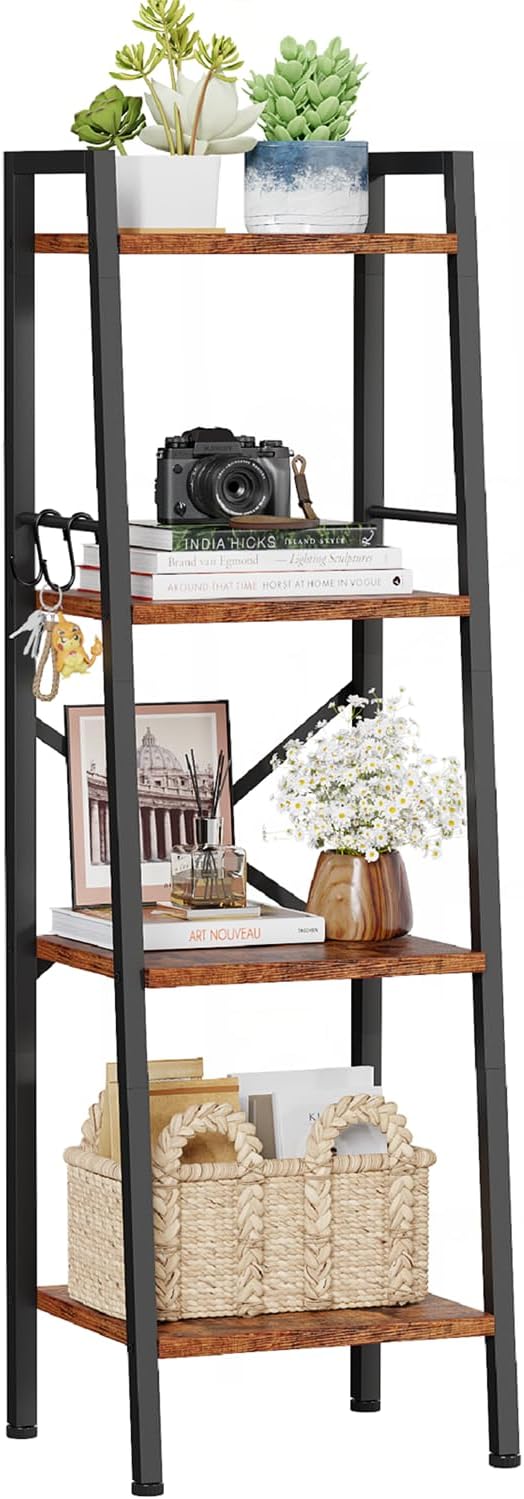 Furologee 4 Tier Ladder Bookshelf Narrow, Metal Wooden Ladder Shelf Bookcase with 2 Hooks, Small Rustic Brown Bookshelves Free Standing, Skinny Leaning Book Shelves for Bedroom Bathroom Living Room