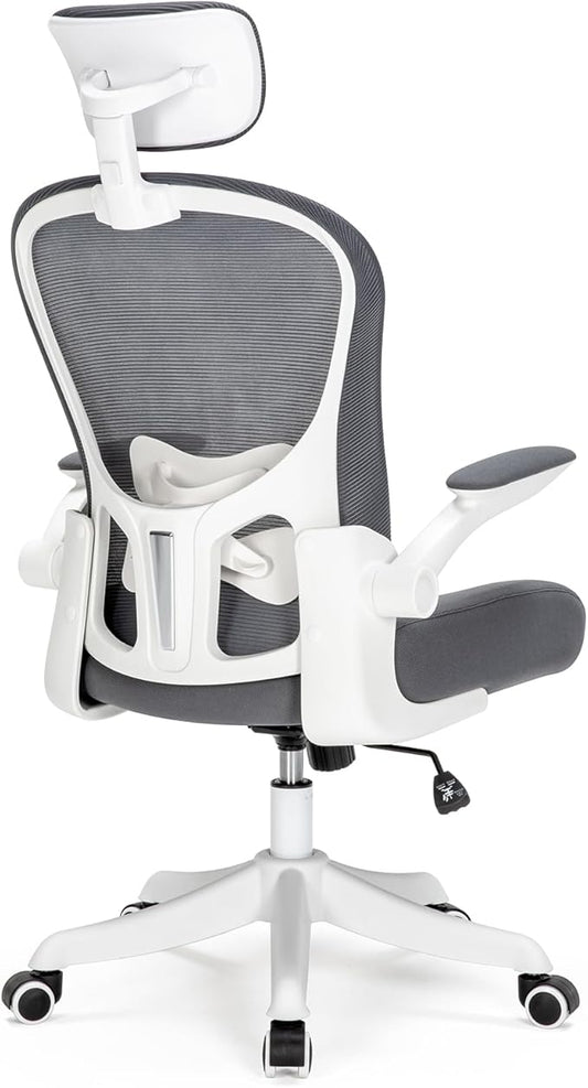 Ergonomic Office Chair with Adjustable Lumbar Support and Headrest, High Back Mesh Desk Chair for Home Office,Flip-Up Arms 90-120° Tilt Lock Rolling Swivel Task Chairs (White-Grey6065)