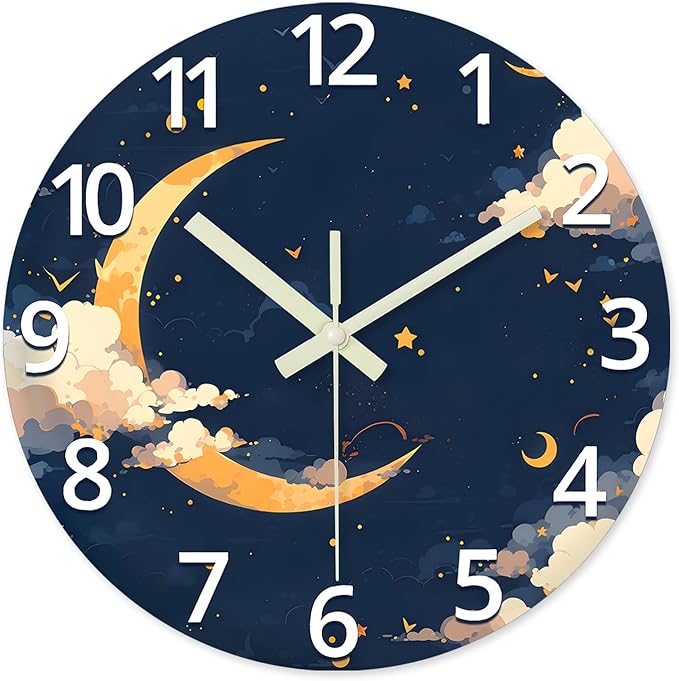 Moon Battery Powered Clock Analog 12 Inch Round Glow in The Dark Wall Clock for Kids Bedroom Small Wall Clock Silent