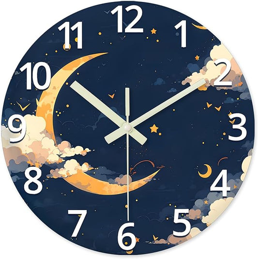 Moon Battery Powered Clock Analog 12 Inch Round Glow in The Dark Wall Clock for Kids Bedroom Small Wall Clock Silent