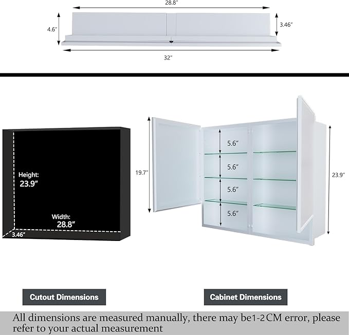 32x26 InchMedicine Cabinet with Mirror, Bathroom Mirrored Cabinet with Double Doors, Extra Storage Space, Bevel Mirror Wall Cabinet, Recessed or Surface Mount