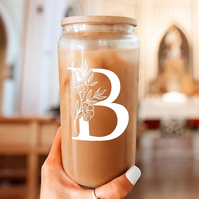 SANDJEST Monogrammed Gifts for Women - Monogram B Initial Glass Cup 16 Oz Can Coffee Cups with Lid and Straw - Monogram Initials Gifts for Womens on Birthday