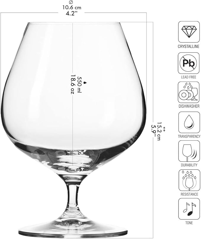 Krosno Brandy Cognac Snifter Glasses, Set of 6, 18.6 oz, Harmony Collection, Ideal for Spirit Sipping, Lead-Free Glass, Dishwasher Safe, Made in Europe