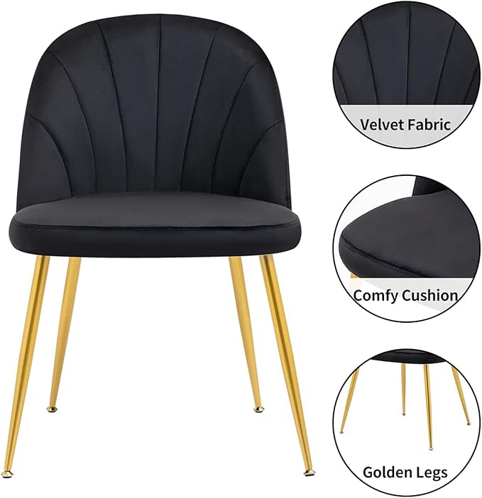 Velvet Dining Chairs Set of 4, Upholstered Mid Century Modern Dining Room Chairs, Armless Accent Chairs with Metal Gold Legs for Living Room, Kitchen, Black
